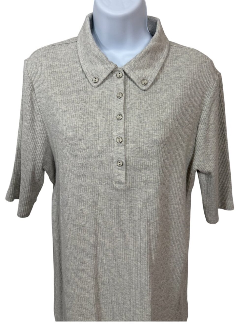 Lands' End Gray Ribbed Cotton Plo Shirt XL Button Front Collar Top